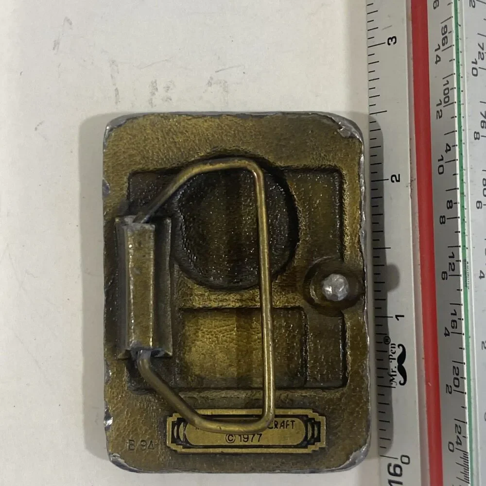 Vintage‎ Distressed Brass Belt Buckle Indiana Metal Craft Train Locamotive 2.5”